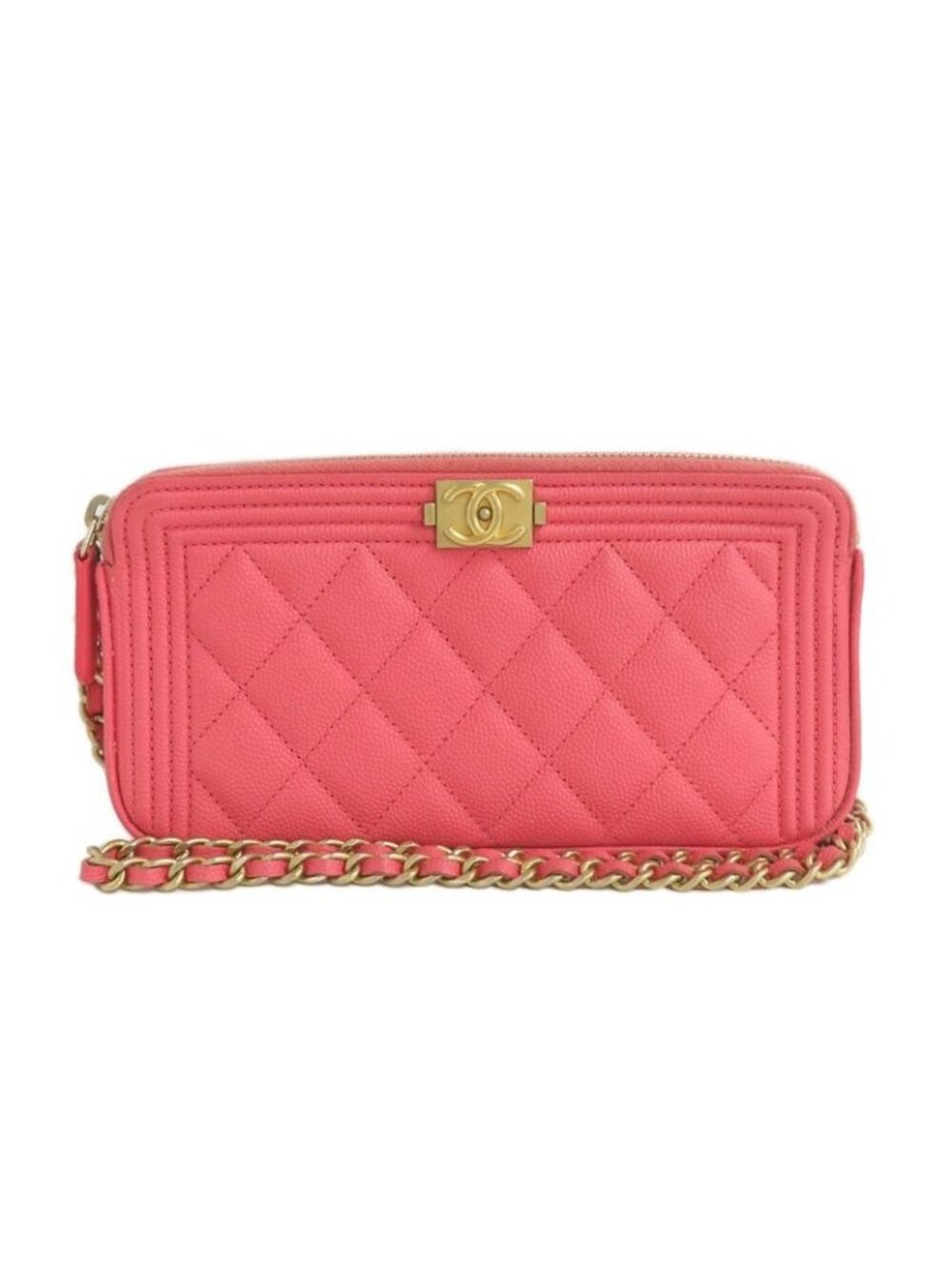 Chanel Boy Chain Clutch Wallet Bag Caviar Leather Pink